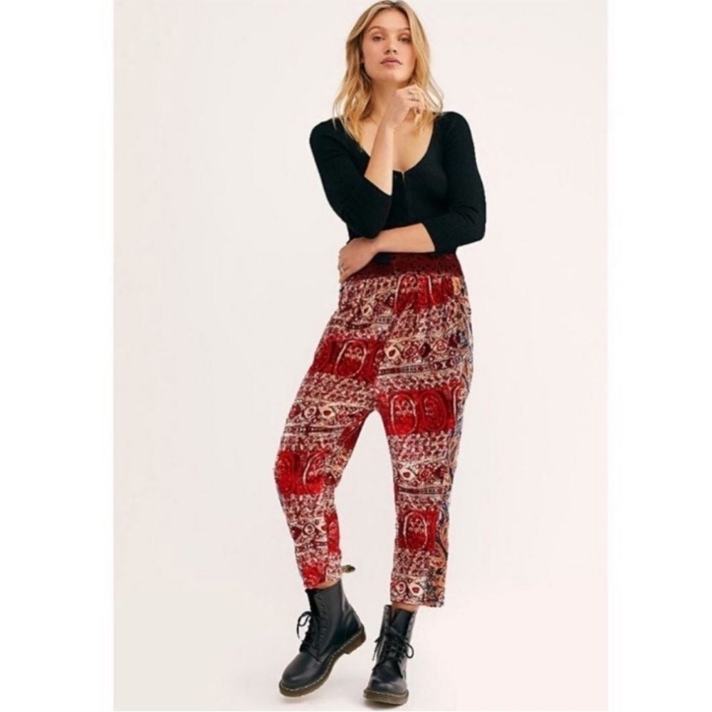 Free People Fes Velvet Harem High Rise Pull-On Pockets Cropped Pants Boho